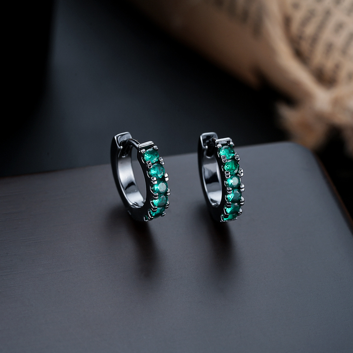 X1074-H (green diamond earrings) gun black pair