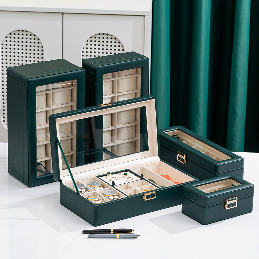 Caja de reloj de gama alta con patrón de lichi nuevo negro y verde 3 dígitos 6 dígitos 12 dígitos reloj de doble capa caja de almacenamiento de joyas