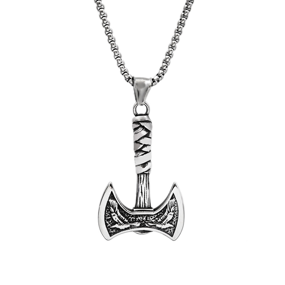 Men's hip-hop fashion stainless steel necklace Viking personality double-sided axe pendant jewelry for women_voghion.com