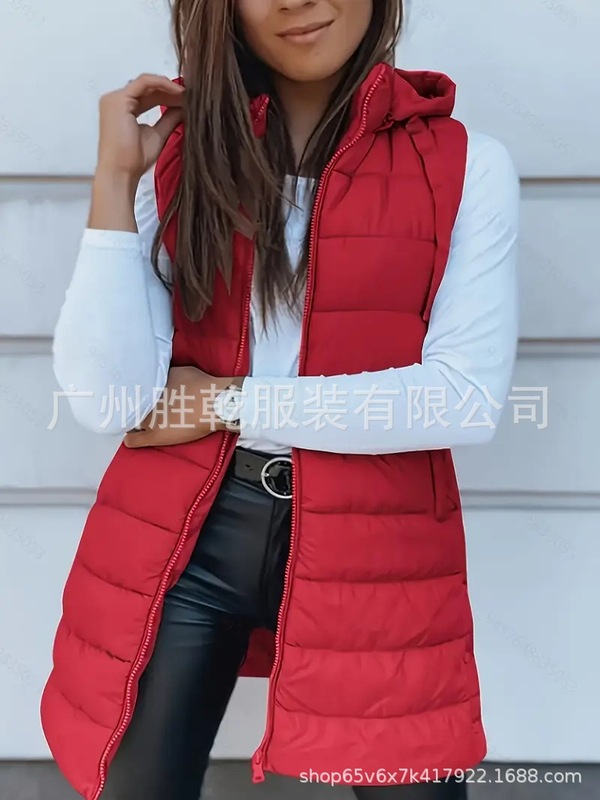 跨境爆款欧美2025亚马逊外贸纯色连帽拉链棉马甲外套女装中长款女|undefined