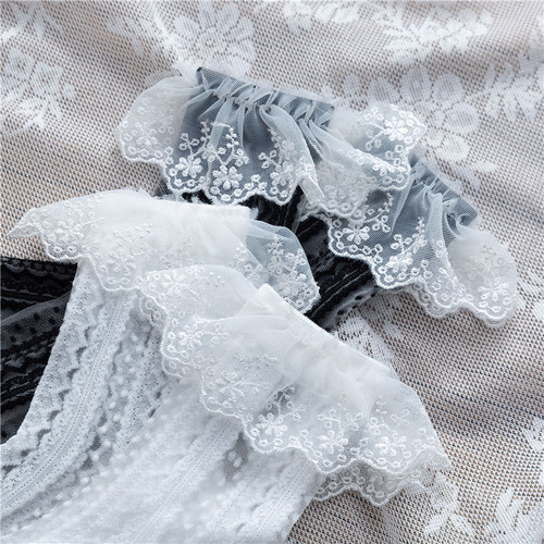 JK-style Lolita Girl Socks, Summer Thin Model, Breathable Mesh Cardigan Socks with Vertical Stripes, Lace Flower Edge, Female Pile Socks
