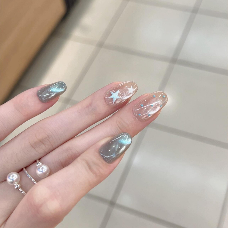 High-end dazzling nail art stickers in Korean ins style, mint green star glass beads, detachable and reusable