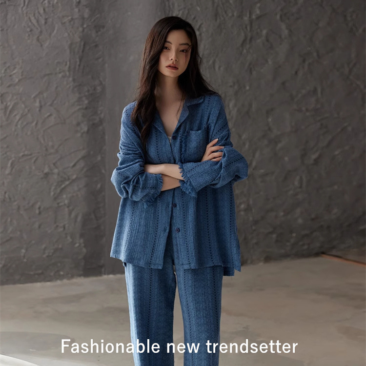 Fashion Pajamas Women's Lapel Shirt Summer New Style with Chest Pad Loose Casual Long-Sleeved Trousers Home Wear Set