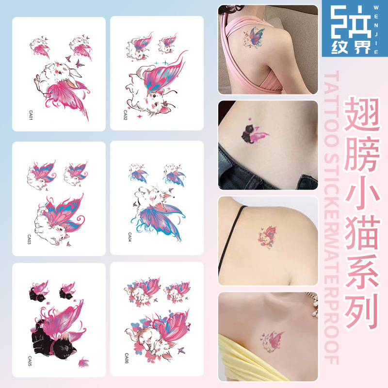 Cute Student Cartoon Angel Cat Elf Color Tattoo Sticker Waterproof Women's Long-lasting High-end Sense Arm Sticker Cute Student Cartoon Angel Cat Elf Color Tattoo Sticker Waterproof Women's Long-lasting High-end Sense Arm Sticker