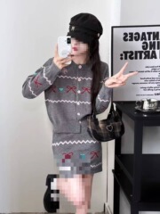 甜美慵懒风费尔岛毛衣套装女春秋复古提花针织开衫半身短裙两件套