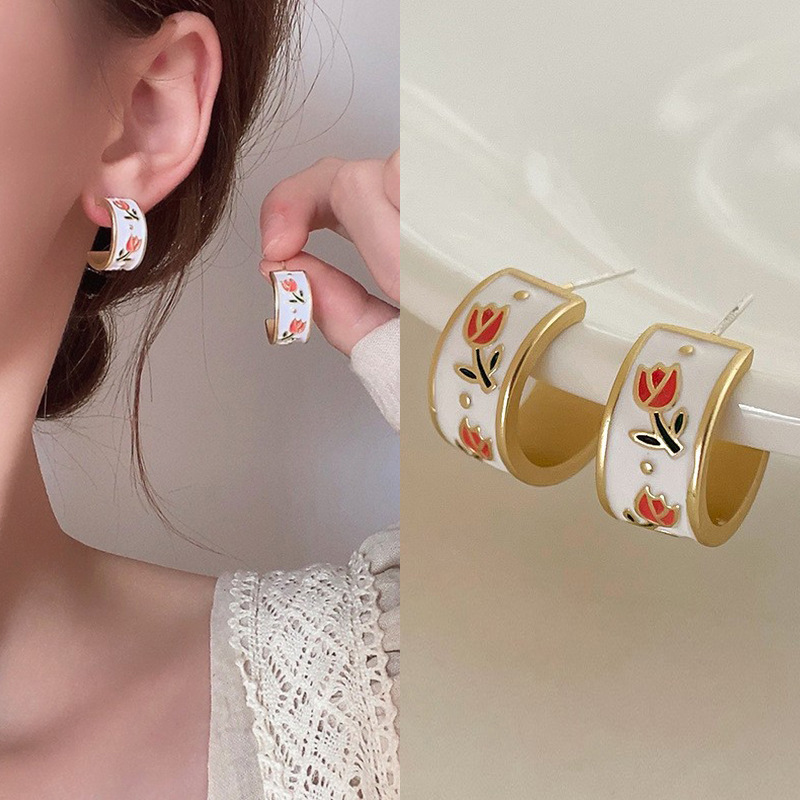 925 Silver Needle French Retro Enamel Glaze Tulip C- shaped Oil Drop Ear Ring Live Same Style Light Luxury Flower-shaped Earrings for Women 925 Silver Needle French Retro Enamel Glaze Tulip C- shaped Oil Drop Ear Ring Live Same Style Light Luxury Flower-shaped Earrings for Women