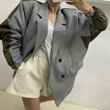 韩国东大门新品翻领双排扣夹克拼接宽松休闲西装外套