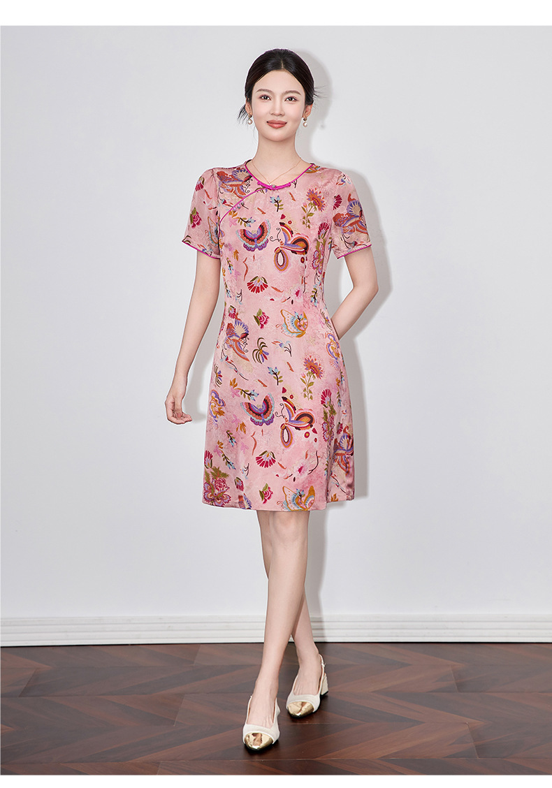 Váy sườn xám cách tân jacquard phong cách Trung Quốc chất liệu sợi mây thơm, dáng suông thắt eo, tay ngắn mùa hè — Màu xanh lam chi tiết 13