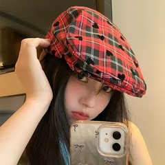 【爱心格纹】红色格纹前进帽女春夏大头围贝雷帽显脸小报童帽子