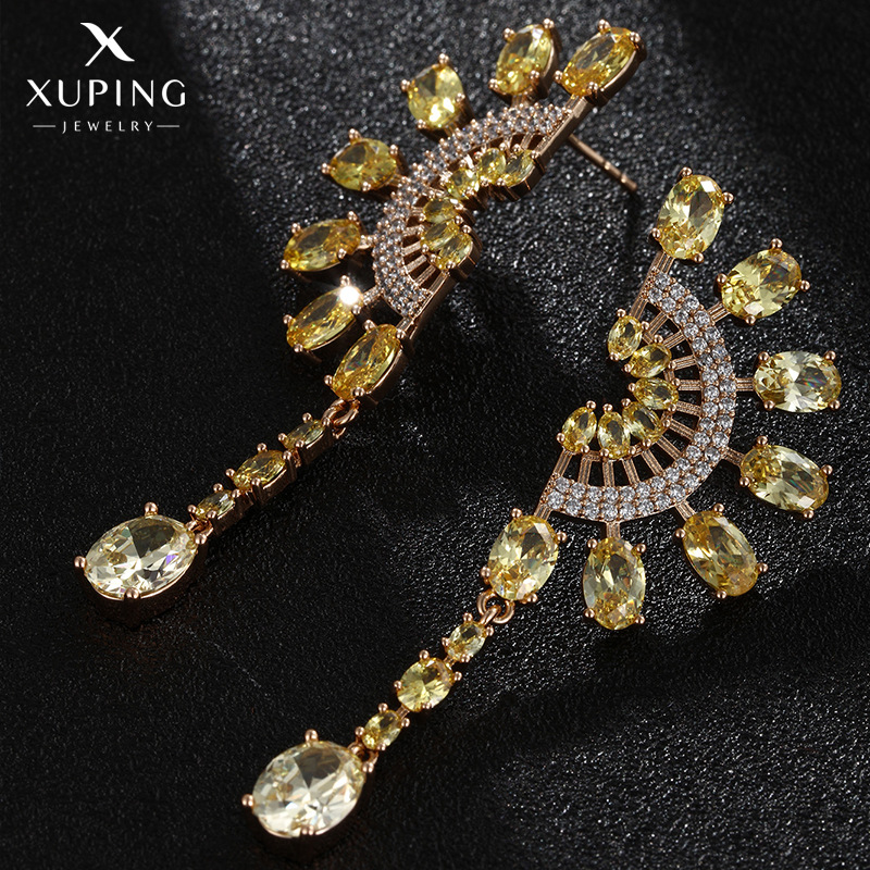 Pendientes de gema artificial coloridos de la joyería de Xupin con incrustaciones de pendientes largos de la borla en forma de abanico semicírculo para las mujeres