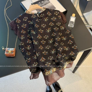 复古中式风印花衬衫女夏季蕾丝拼接气质上衣