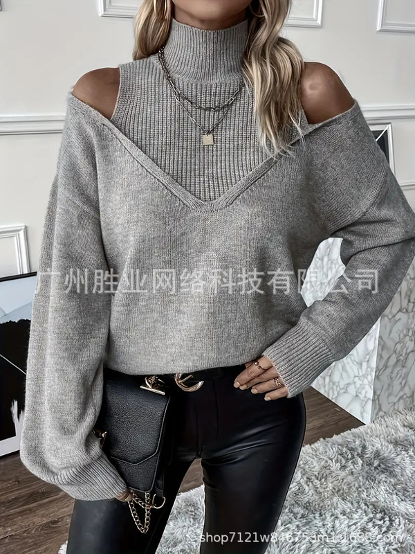 欧美跨境外贸高领秋冬毛衣时尚优雅长袖撞色毛衣露肩设计罗纹袖口|undefined