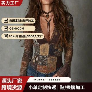欧美跨境爆款波西米亚拼接印花上衣女V 领蕾丝花边喇叭袖修身T 恤