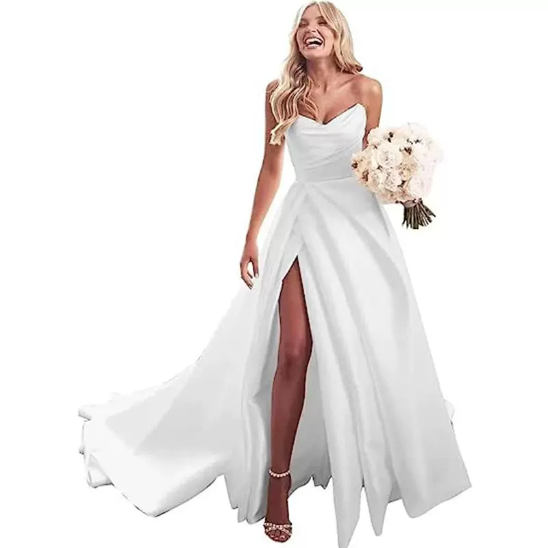 2025女式无肩带舞会礼服缎面舞会简约新娘婚纱礼服长款开叉敬酒服