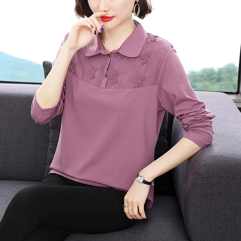 Cotton Long-sleeved T-shirt Women's 2023 New Spring and Autumn Western-style Collared Shirt for Middle-aged and Elderly Mothers Top Base Shirt