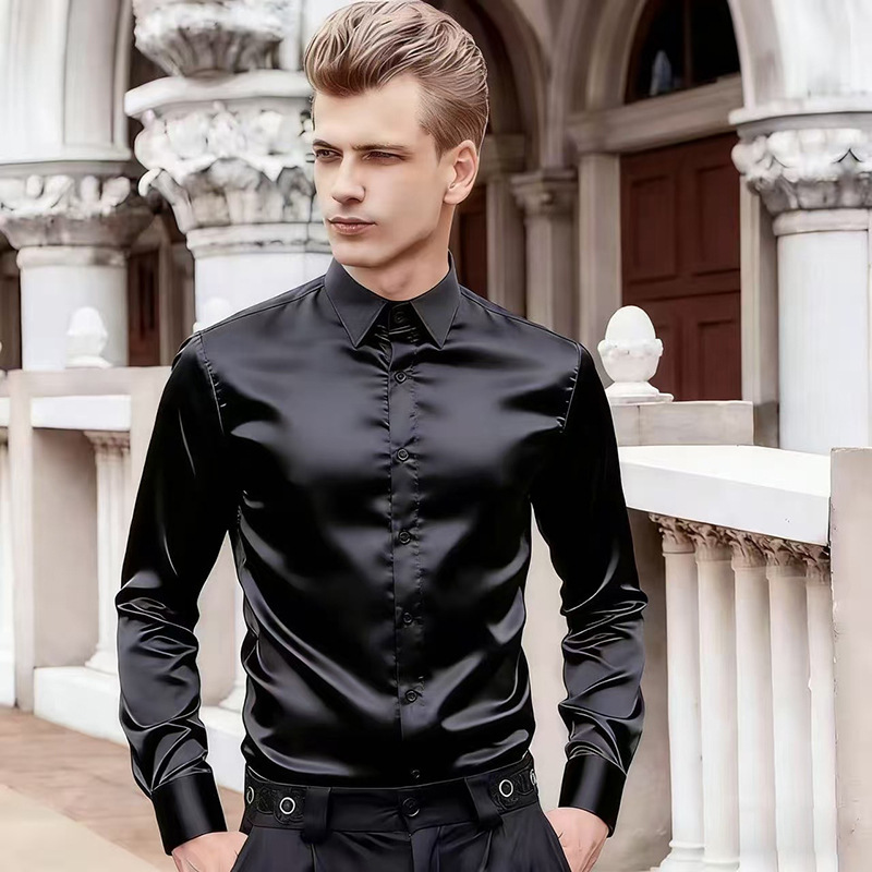 Cross-Border Amazon Men's Satin Nightclub Long-Sleeved Shirt Foreign Trade Solid Color Simple Style Youth Casual Shirt Long-Sleeved Cross-Border Amazon Men's Satin Nightclub Long-Sleeved Shirt Foreign Trade Solid Color Simple Style Youth Casual Shirt Long-Sleeved