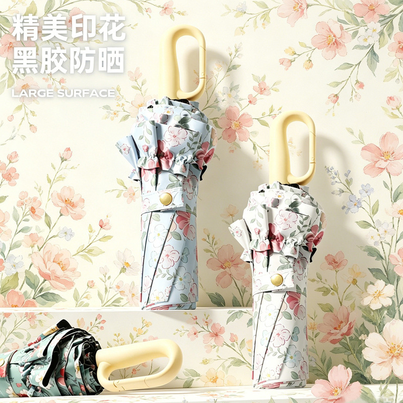 Fresh Floral Print Girly Style Lace Black Rubber Sunscreen Umbrella with 70% off Hand-Operated Ring Clasps, Women's Umbrella, Manufacturer's Ready Stock Wholesale Umbrella