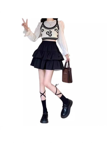 Black Puff Cake Skirt Women's Summer New Elastic High Waist Slimming Petite Anti-See-Through A-Line Mini Skirt