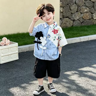 男童套装2026夏季新款儿童国风衬衫男孩薄款短袖宝宝洋气夏装衣服