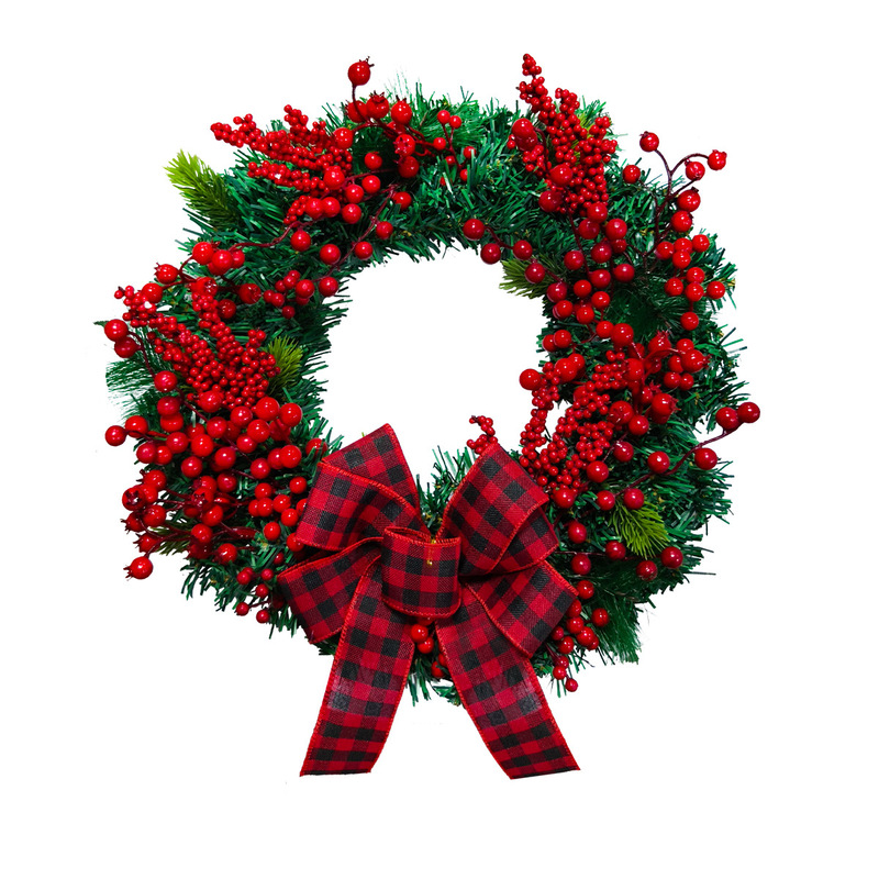 クロスボーダークリスマス赤と黒のチェック柄リボンガーランドクリスマスカントリーレッドシミュレーションベリーラタンサークルドア吊り装飾|undefined