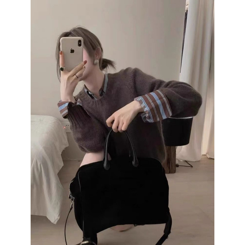 美拉德棕色圆领毛衣女秋季针织马海毛套头慵懒风软糯加厚上衣秋冬|undefined