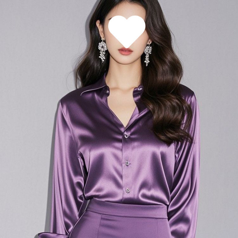 秋季新款高级感职业缎面紫色衬衫女长袖正装时尚通勤气质衬衣白色|undefined