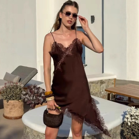 Aliexpress Hot-Selling Cross-Border European and American Women's Clothing Za Irregular Lace Trim Patchwork Pure Desire Style Dress