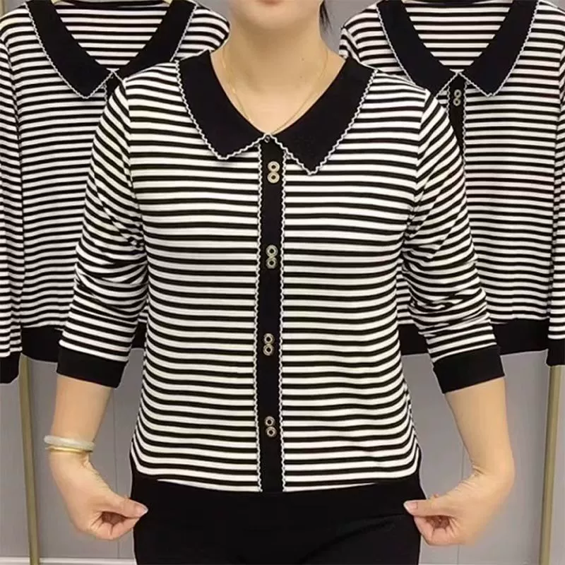 Весенне-осенний новый стиль, кукольный воротник, полосатая футболка с длинными рукавами для матери среднего возраста, большие размеры, женский повседневный топ на пуговицах для похудения