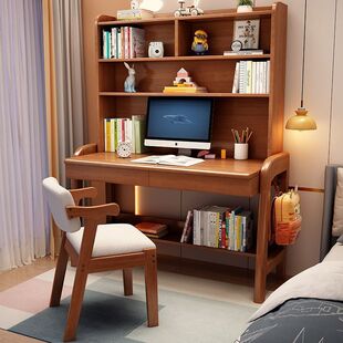 Solid Wood Desk and Bookshelf Integrated Household Bedroom Desktop Computer Desk for Primary and Secondary School Students and Junior High School Students Writing Table Log
