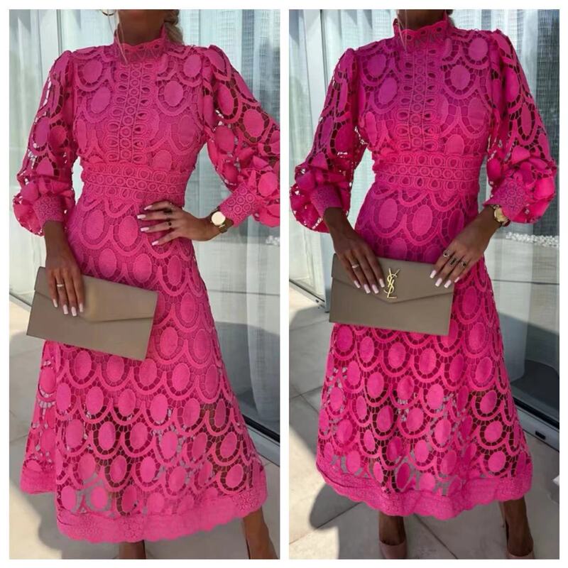 Spring New French Style Lace Vertical Collar Puff Sleeve Tight Waist Slimming dress Elegant European and American Long Dress Spring New French Style Lace Vertical Collar Puff Sleeve Tight Waist Slimming dress Elegant European and American Long Dress