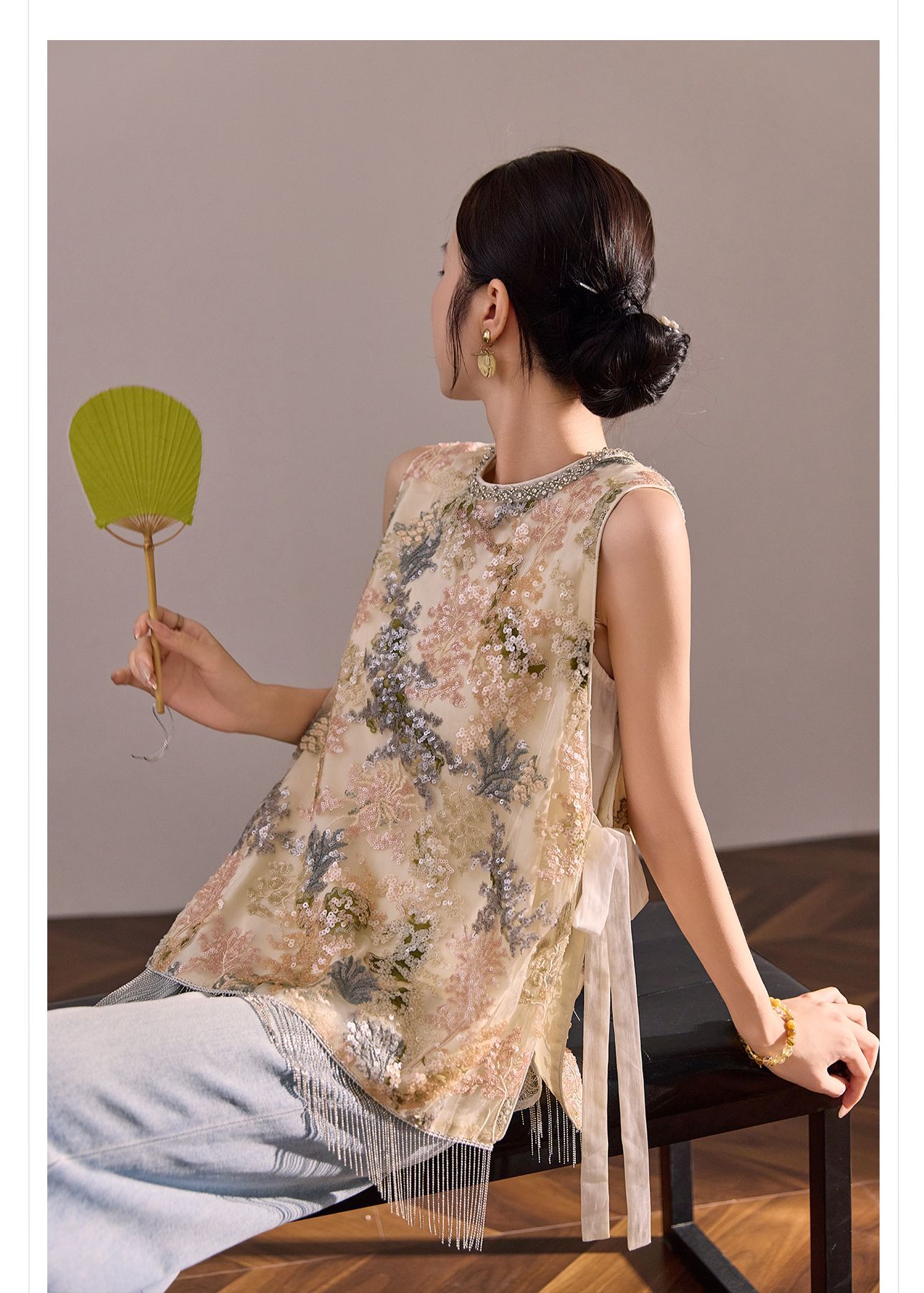 Áo hai dây nữ phong cách Trung Hoa đính tua rua sequin cổ đá N5058 — Màu hồng be chi tiết 11