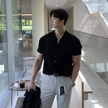 ASCLO韩版衬衫短袖夏季新款休闲黑色纽扣翻领衬衣男士修身针织T恤