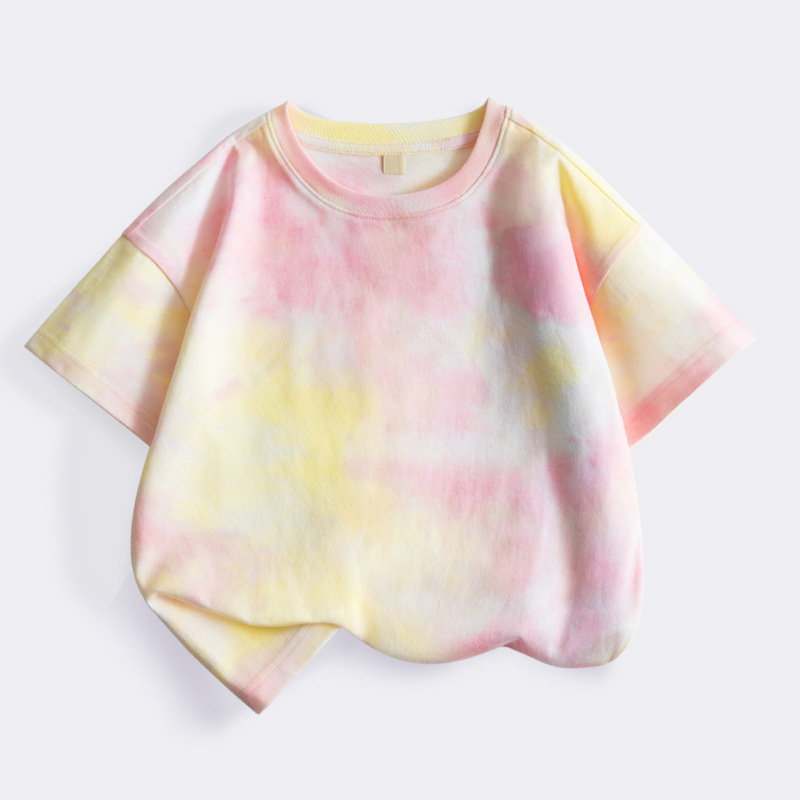 タイダイ総柄オフショルダートレンディな子供用半袖Tシャツカスタムプリント男の子Tシャツ夏女の子半袖Tシャツカスタムメイド|undefined
