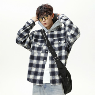 Brushed Plaid Contrasting Color Splicing Hooded Long-Sleeved Shirt Men's Autum Trendy Brand Loose Retro Cardigan Shirt Jacket