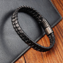 黑色皮绳牛皮男士双层不锈钢真皮编织手链手工多层皮革手镯86