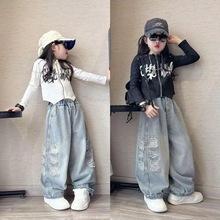 女童春季新款2025破洞牛仔裤中大童韩版洋气打底衫时尚百搭裤子潮