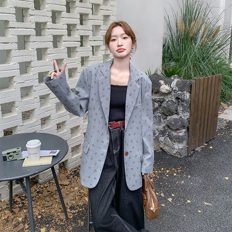 灰色碎花西装外套女秋2025新款感韩系设计感西服小个子|undefined
