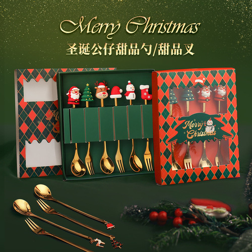 V cross-border Christmas spoon and fork set Dessert spoon coffee spoon Christmas pendant spoon and fork Santa gift set