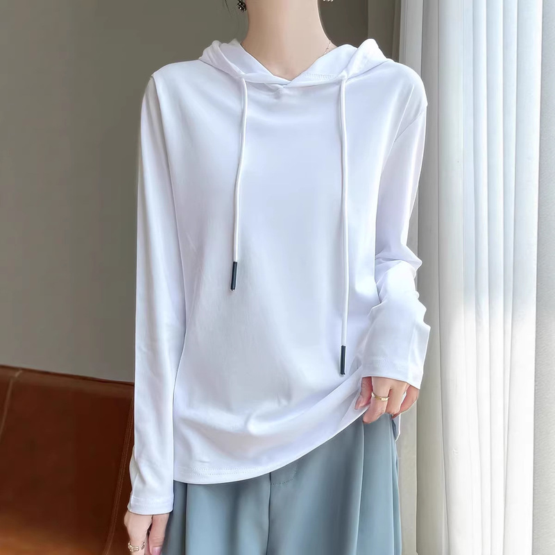 Minimalist Style Hooded Drawstring Pure Cotton Knit Sweater for Women, Loose Long-Sleeve Base Shirt, Spring and Autumn Inner Wear, White Commuter Top