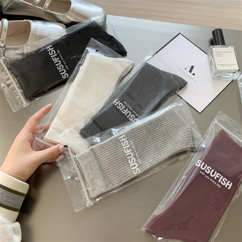 Socks Women's Solid Color Mid-length Socks Spring and Autumn Stacked Socks Miu Style Grey Socks with Small Leather Shoes Mid-length Cotton