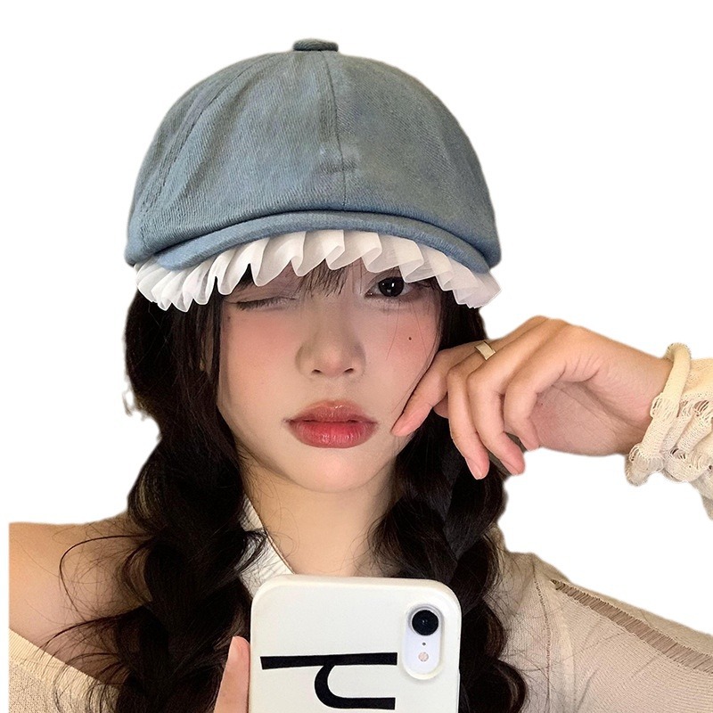Boina de vaquero de encaje para mujeres primavera y verano estilo japonés retro cara pequeño pintor sombrero versátil gorro de avance