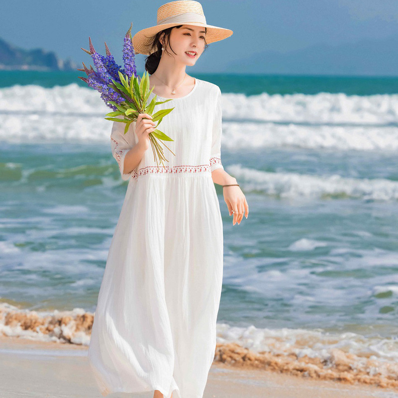 2023 New Original Women's Travel Artistic Sleeve Long Dress Lightweight Texture Ramie Embroidered Long Dress