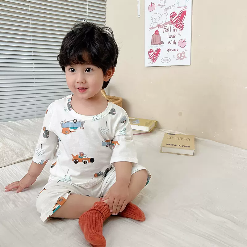 宝宝睡衣夏季纯棉薄款儿童中袖套头莱卡棉家居服套装男女空调服