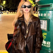 美拉德棕色皮衣加绒外套女秋季高级感气质长袖机车夹克上衣