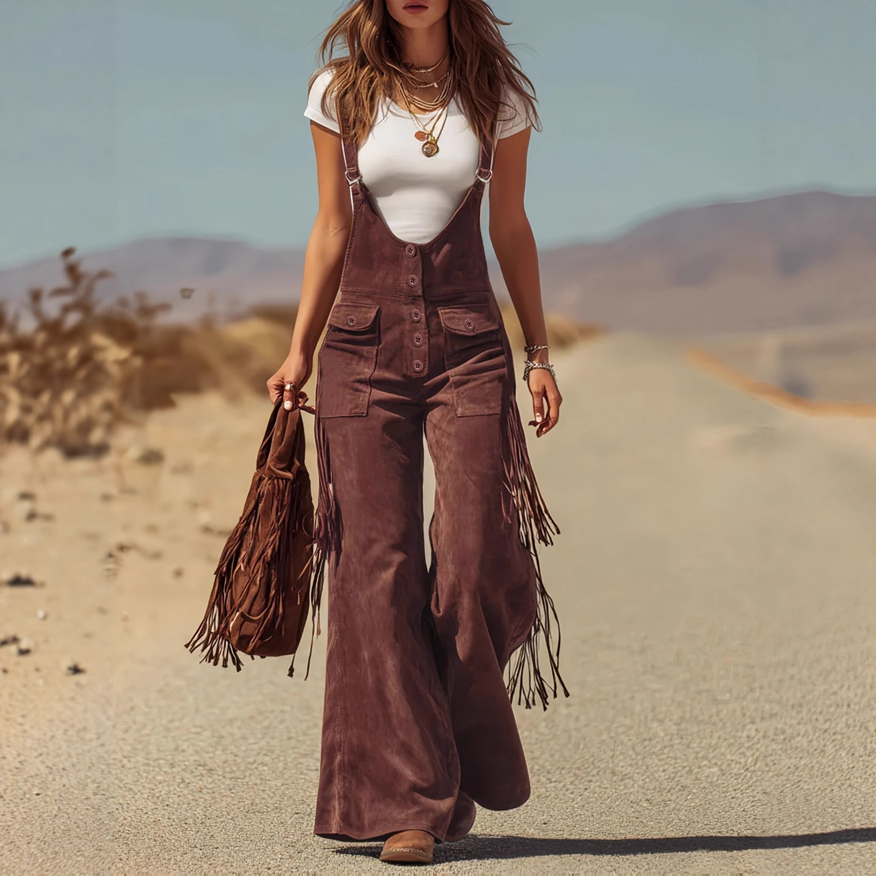 Cross-Border European and American Style New Women's Retro Suede Fringe Wide-Leg Overalls Pants