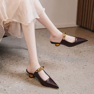 French Simple Pointed Toe Mule Slippers for Women 2025 Summer New Retro Fashion Metal Toe Thick Heel Half Slippers
