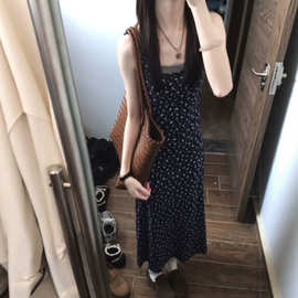 跨境假两件撞色碎花吊带裙女夏季设计感修身A字裙大摆连衣裙跨境