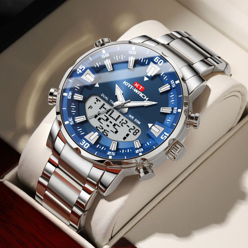 Kat-Wach Cross-Border Hot-Selling Fashionable Led Quartz Watch Wholesale Stainless Steel Band Waterproof Men's Watch Export