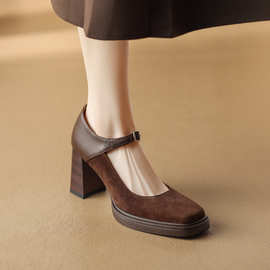 美德拉色玛丽珍鞋女法式复古棕色方头一字扣粗跟单鞋防水台高跟鞋