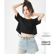 超凡服饰桑蚕丝丝光棉亚麻T恤女宽松简约短款设计显瘦短袖白色